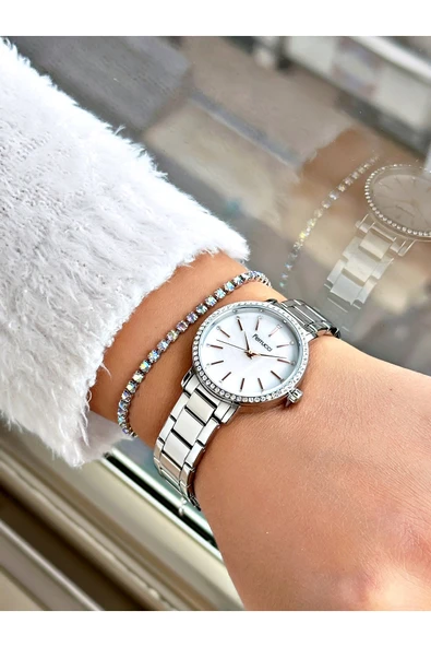 Ferrucci Gümüş Renk Sade Taşlı Model  Garantili Kadın Kol Saati + BİLEKLİK - Resim 2