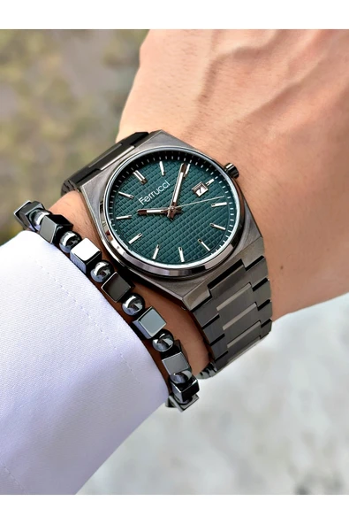 Ferrucci Siyah Renk Şık Spor Çelik Kordon Fonksiyonlu Erkek Kol Saati + BİLEKLİK - Resim 2