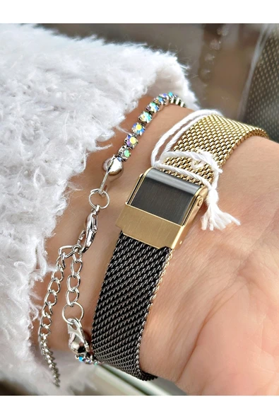 Ferrucci Altın Renk Kesme Cam Model Hasır Kordon  Kadın Kol Saati + BİLEKLİK - Resim 3