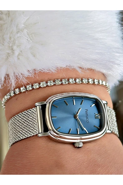 Ferrucci Gümüş Renk Hasır Çelik Kordon Şık Dizayn Kadın Kol Saati + BİLEKLİK HEDİYELİ ürün görseli 1