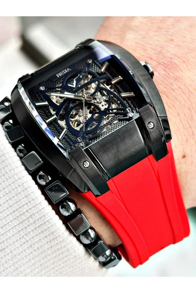 Fiesta Kırmızı Renk Spor Silikon Kare Çelik Kasa Otomatik Business Erkek Kol Saati + BİLEKLİK - Resim 4