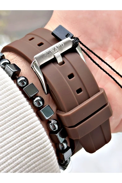 Reward Kahverengi Silikon Spor Çelik Kasa Business Erkek Kol Saati + BİLEKLİK - Resim 4