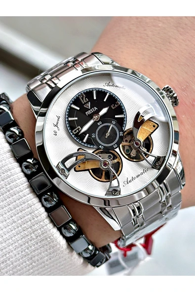 Fiesta Gümüş Renk Çift Türbünlü Otomatik Business Erkek Kol Saati + BİLEKLİK - Resim 7