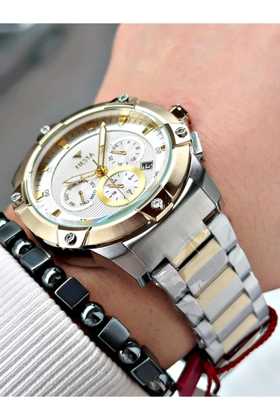 Fiesta Altın Gümüş Renk Fonksiyonlu Çelik Makine Garantili Erkek Kol Saati + BİLEKLİK - Resim 4