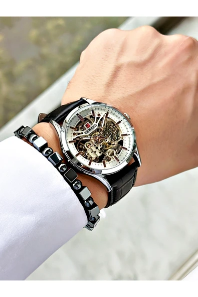 Reward Siyah Deri Kordon Otomatik Business Erkek Kol Saati + BİLEKLİK HEDİYELİ - Resim 5