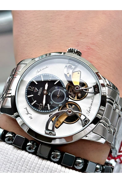 Fiesta Gümüş Renk Çift Türbünlü Otomatik Business Erkek Kol Saati + BİLEKLİK - Resim 4