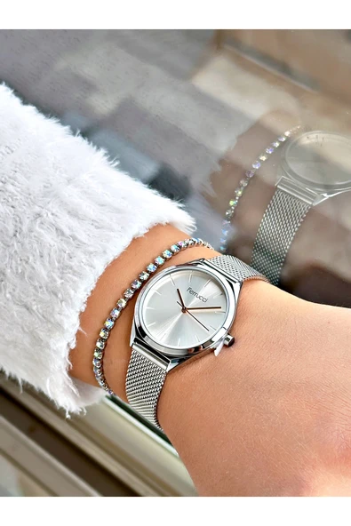 Ferrucci Gümüş Renk Klasik Hasır Sade Model Kadın Kol Saati + BİLEKLİK - Resim 2