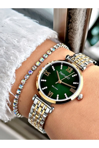 Ferrucci Altın Renk Roma Rakamlı Sade Model Çelik Kordon Kadın Kol Saati + BİLEKLİK ürün görseli 1
