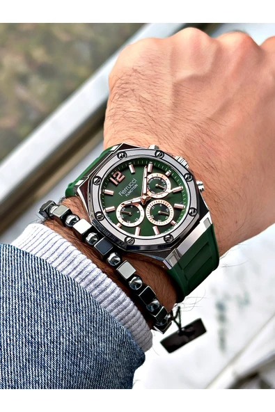 Ferrucci Yeşil Renk Silikon Spor  Erkek Kol Saati + BİLEKLİK HEDİYELİ - Resim 2