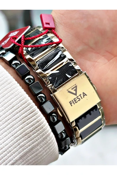 Fiesta Siyah Renk Silikon Metal Çelik Kasa Kordon Erkek Kol Saati + BİLEKLİK - Resim 7