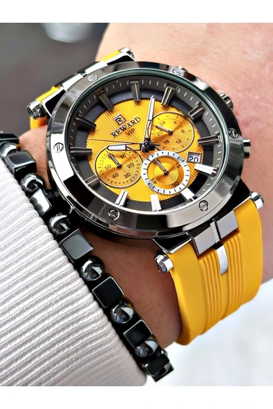 Reward Sarı Renk Spor Silikon Kordon Fonksiyonlu Garantili Erkek Kol Saati + BİLEKLİK - Resim 4