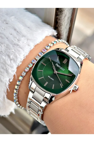 Ferrucci Gümüş Renk Klasik Aynalı Camlı Kadın Kol Saati + BİLEKLİK HEDİYELİ ürün görseli 1