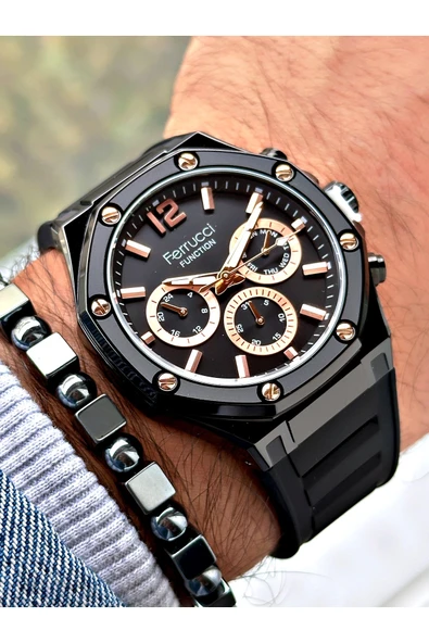 Ferrucci Siyah Renk Silikon Spor  Erkek Kol Saati + BİLEKLİK HEDİYELİ - Resim 3