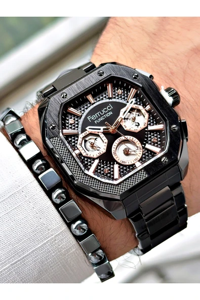 Ferrucci Siyah Renk Kare Fonksiyonlu  Çelik Kordon Erkek Kol Saati + BİLEKLİK HEDİYELİ - Resim 3