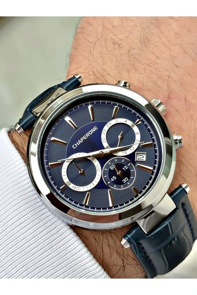 Chaperone Lacivert Renk Deri Kordon Fonksiyonlar Aktif Erkek Kol Saati + BİLEKLİK HEDİYELİ By Reward ürün görseli 1