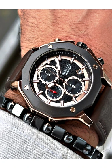 Ferrucci Kahverengi Deri Kordon Fonksiyonlu Şık Dizayn Erkek Kol Saati + BİLEKLİK HEDİYELİ ürün görseli 1