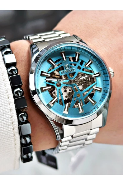 Reward Gümüş Renk İskelet Model Otomatik Çelik Kordon Erkek Kol Saati + BİLEKLİK - Resim 2