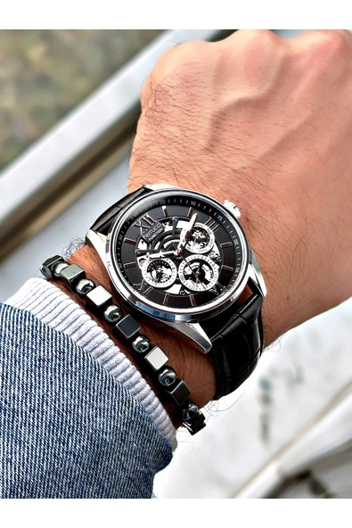 Ferrucci Siyah Renk Deri Kordon Fonksiyonlu Erkek Kol Saati + BİLEKLİK HEDİYELİ - Resim 2