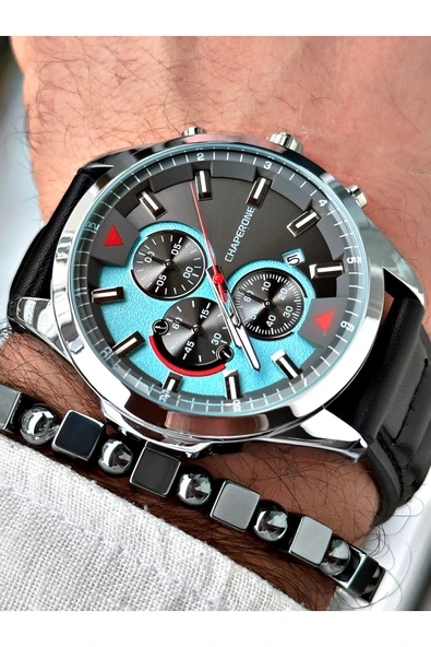 Chaperone Siyah Deri Kordon Fonskiyonlu Spor Erkek Kol Saati + BİLEKLİK HEDİYELİ By Reward ürün görseli 1