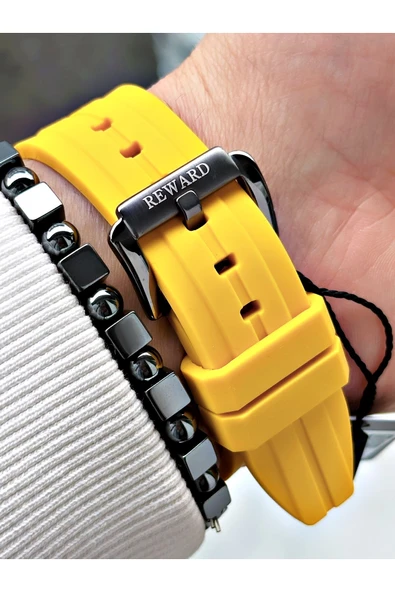 Reward Sarı Renk Spor Silikon Kordon Fonksiyonlu Garantili Erkek Kol Saati + BİLEKLİK - Resim 5