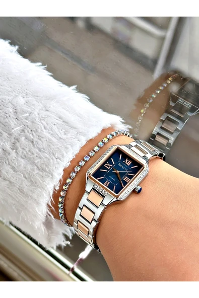 Ferrucci Rose Gümüş Renk Kare Taşlı Model Roma Rakamlı Çelik Kordon Kadın Kol Saati + BİLEKLİK - Resim 2