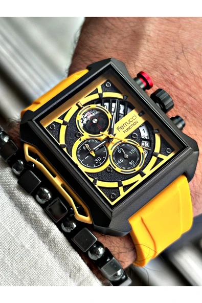 Ferrucci Sarı Renk Fonksiyonlu Spor Silikon Erkek Kol Saati + BİLEKLİK HEDİYELİ ürün görseli 1