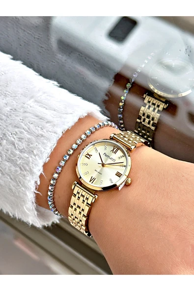 Ferrucci Altın Renk Roma Rakamlı Sade Model Çelik Kordon Kadın Kol Saati + BİLEKLİK - Resim 2