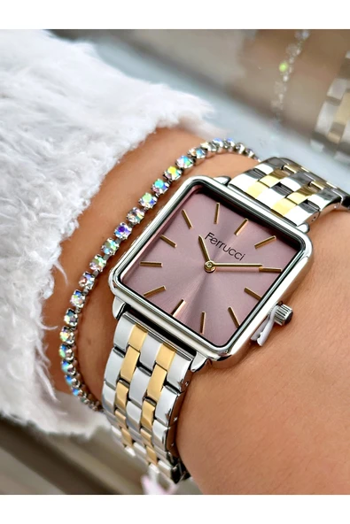 Ferrucci Altın Gümüş Renk Kare Sade Model Büyük Kasa Kadın Kol Saati + BİLEKLİK ürün görseli 1