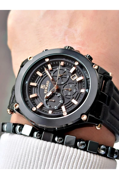 Reward Siyah Renk Deri Kordon Çelik Kasa Fonksiyonlu Erkek Kol Saati + BİLEKLİK - Resim 3