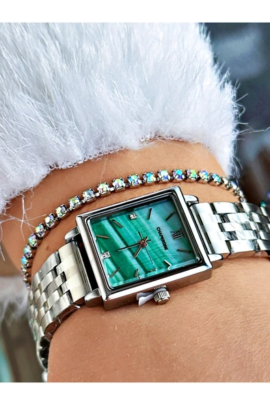 Chaperone Gümüş Renk Kare Model Sade Çelik Kordon Kadın Kol Saati + BİLEKLİK - Resim 3