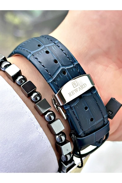 Reward Lacivert Renk Deri Kayış Orjinal Kilit Business Erkek Kol Saati + BİLEKLİK HEDİYELİ - Resim 4