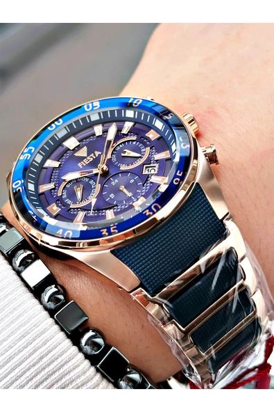 Fiesta Lacivert Renk Silikon Metal Çelik Kasa Kordon Erkek Kol Saati + BİLEKLİK - Resim 4