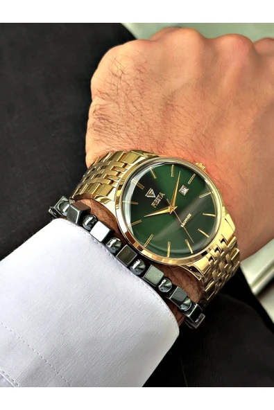 Fiesta Altın Renk Bombeli Safir Cam Lüx Çelik Erkek Kol Saati + BİLEKLİK HEDİYELİ - Resim 3