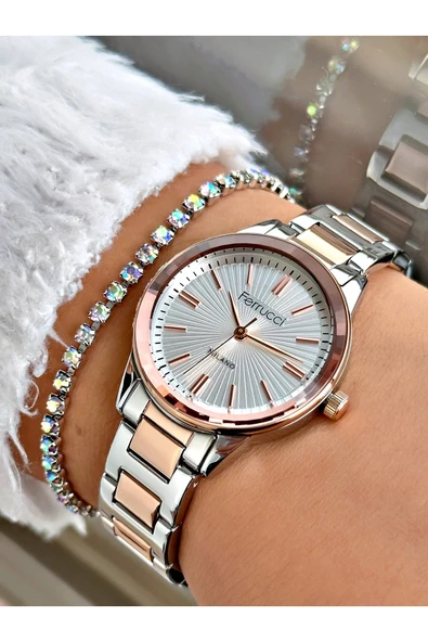Ferrucci Rose Gümüş Renk Sade Model Klasik  Garantili Kadın Kol Saati + BİLEKLİK ürün görseli 1