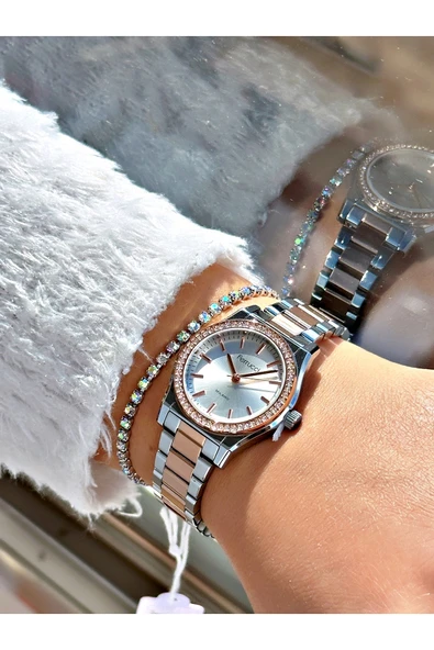 Ferrucci Rose Gold Gümüş Renk Taşlı Model Şık Dizayn  Kadın Kol Saati + BİLEKLİK - Resim 2