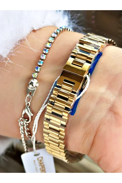 Chaperone Altın Renk Taşlı Model Minimal Aynalı Kadın Kol Saati + BİLEKLİK - Resim 4