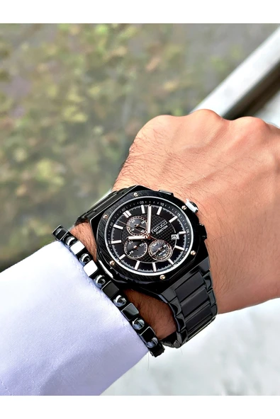 Ferrucci Siyah Renk Çelik Kordon Fonksiyonlar Aktif Erkek Kol Saati + BİLEKLİK - Resim 2