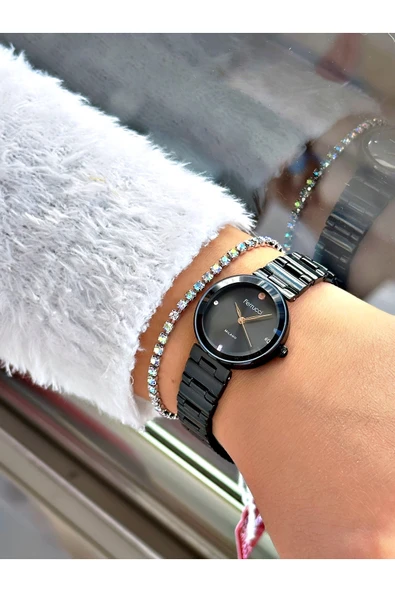 Ferrucci Siyah Renk Klasik Model  Çelik Kordon Kadın Kol Saati + BİLEKLİK - Resim 2