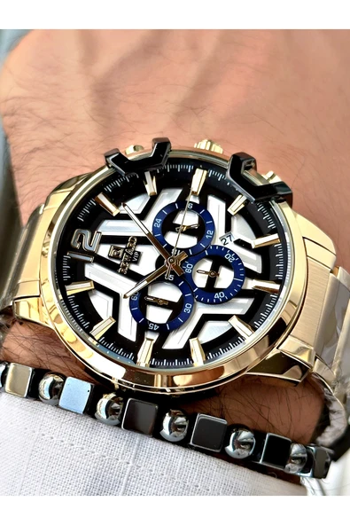 Reward Altın Renk Büyük Kasa Çelik Kordon  Erkek Kol Saati + BİLEKLİK - Resim 2