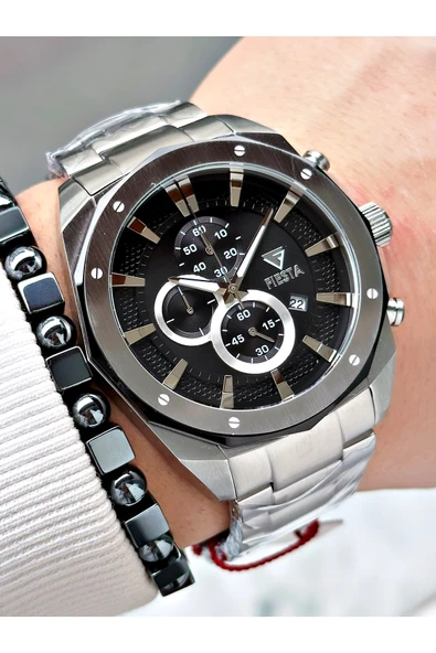 Fiesta Gümüş Renk Çelik Elite Mekanizma Garantili Fonksiyonlu Erkek Kol Saati + BİLEKLİK ürün görseli 1