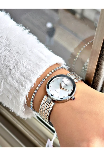 Ferrucci Rose Gümüş Renk Kesme Cam Kristal Model Şık Model Kadın Kol Saati + BİLEKLİK HEDİYELİ - Resim 2