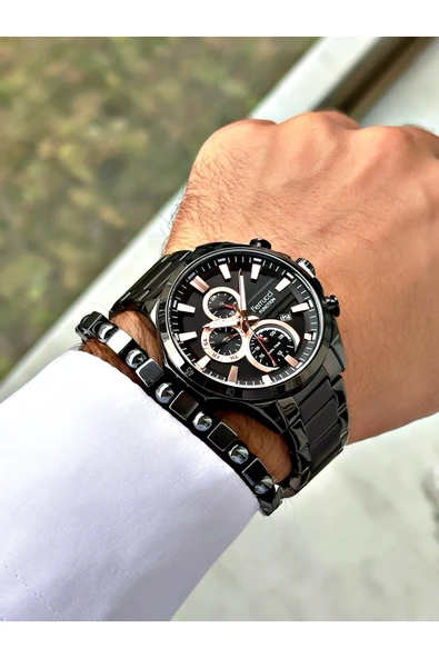 Ferrucci Siyah Renk Şık Spor Çelik Kordon  Fonksiyonlu Erkek Kol Saati + BİLEKLİK - Resim 2