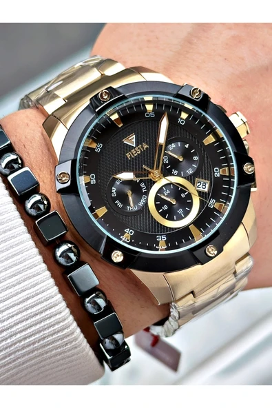 Fiesta Altın Renk Fonksiyonlu Çelik Makine Garantili Erkek Kol Saati + BİLEKLİK - Resim 3