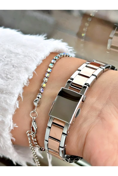 Ferrucci Rose Gold Gümüş Renk Aynalı Cam Kristal Model Şık Model Kadın Kol Saati + BİLEKLİK HEDİYELİ - Resim 4