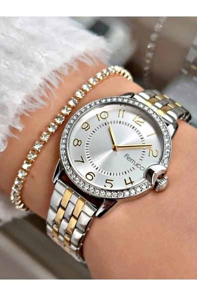 Ferrucci Altın- Gümüş Renk Çelik Kordon Taşlı Kasa Kadın Kol Saati + Bileklik Hediyeli ürün görseli 1