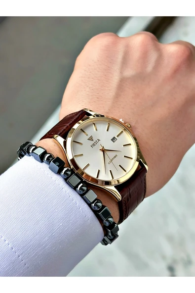 Fiesta Kahve Renk Klasik Sade Model Çelik Kasa Erkek Kol Saati + BİLEKLİK - Resim 2