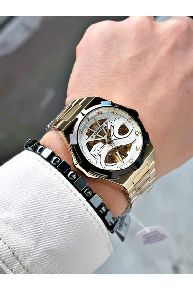 Reward Altın Renk Kabe Desen Otomatik Mekanizma Erkek Kol Saati + BİLEKLİK - Resim 2
