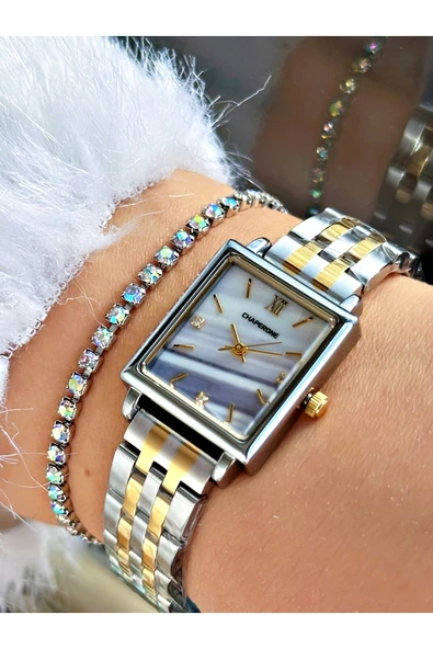 Chaperone Altın Gümüş Renk Kare Model Sade Çelik Kordon Kadın Kol Saati + BİLEKLİK ürün görseli 1