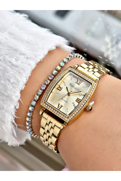 Ferrucci Altın Gümüş Renk Kare Taşlı Model Çelik Kordon Kadın Kol Saati + BİLEKLİK ürün görseli 1