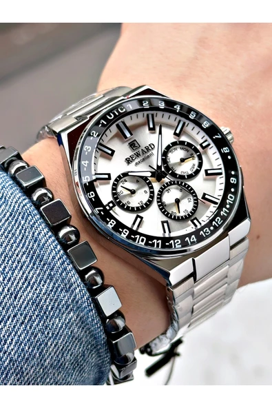 Reward Gümüş Renk Aynalı Cam Fonksiyonlu Erkek Kol Saati + BİLEKLİK - Resim 3